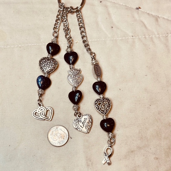 Silver Heart Keychain Bag Charm Glittery Blue Goldstone Hearts & 5 Silver Hearts - Picture 8 of 16